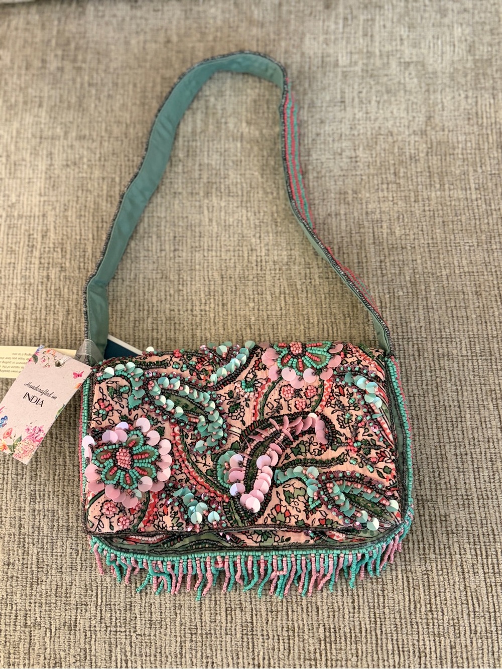 Embellished Pink & Teal Beaded Crossbody Bag with Beaded Fringe